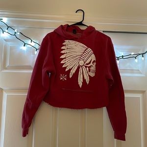Red crop top Indian headdress skull hoodie S